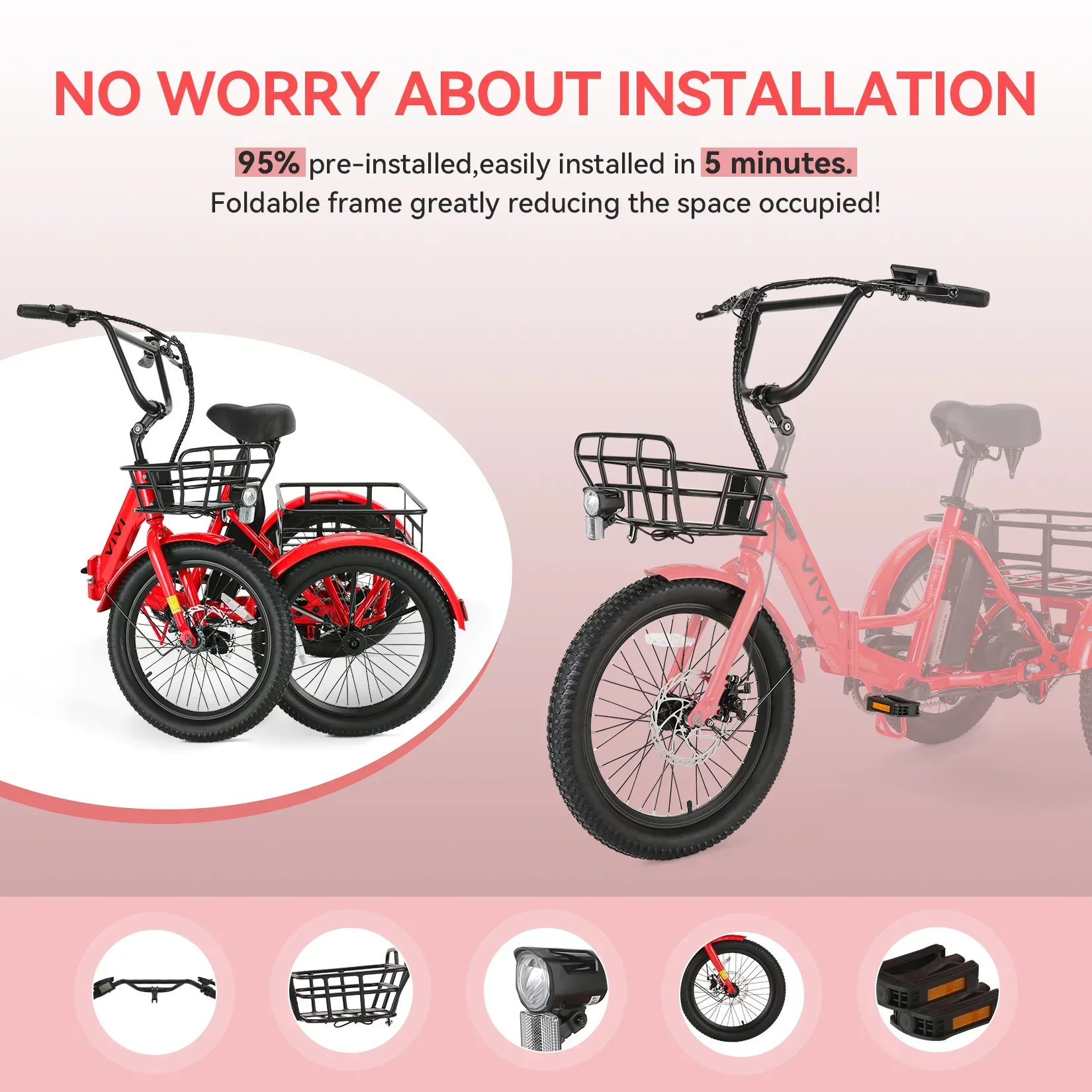 VIVI T01 Electric Trike Folding Cargo Electric Tricycle SGS Certified to UL2849 - Image 11